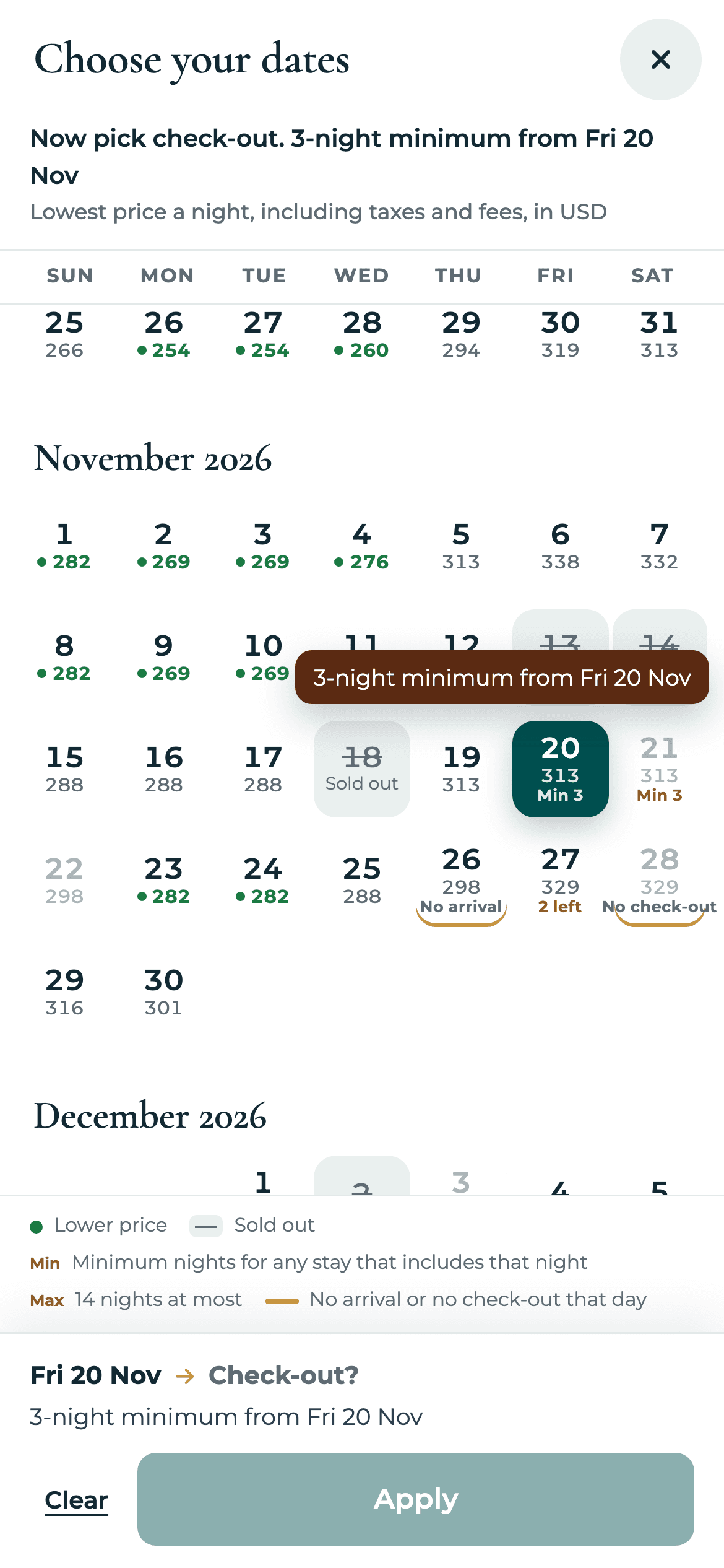 The date picker on a phone, with the price on every date and the minimum stay shown