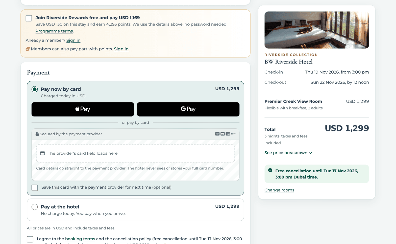 Checkout on the BW Riverside Hotel booking engine: join and save with the member price, pay now by card or wallet, or pay at the hotel, with the exact amount and the cancellation deadline