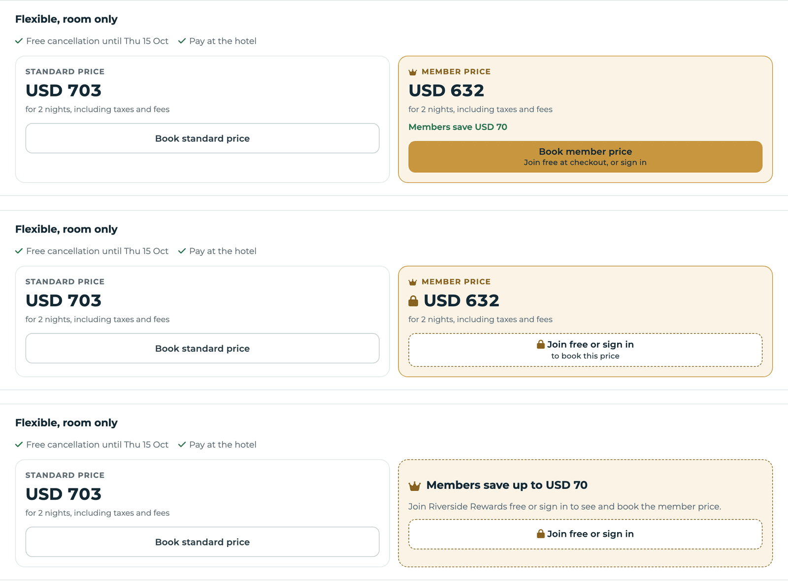 The three ways a hotel can show the member price on the BW Riverside Hotel booking engine: open to everyone, locked until the guest joins or signs in, or for members only