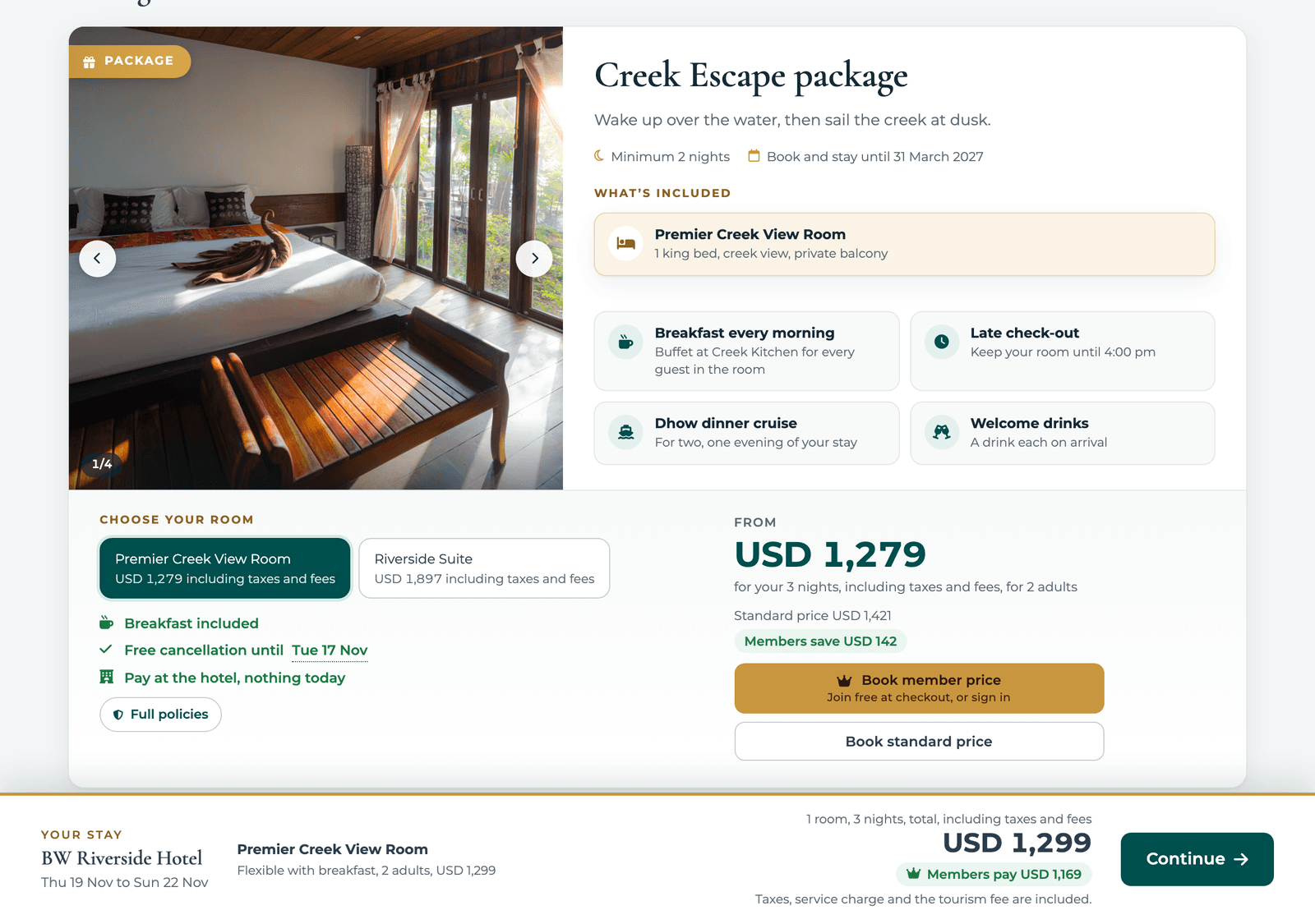 A package on the BW Riverside Hotel booking engine: Creek Escape package with the room, breakfast, late check-out and dinner cruise included, room choice and one price for the dates, including taxes and fees