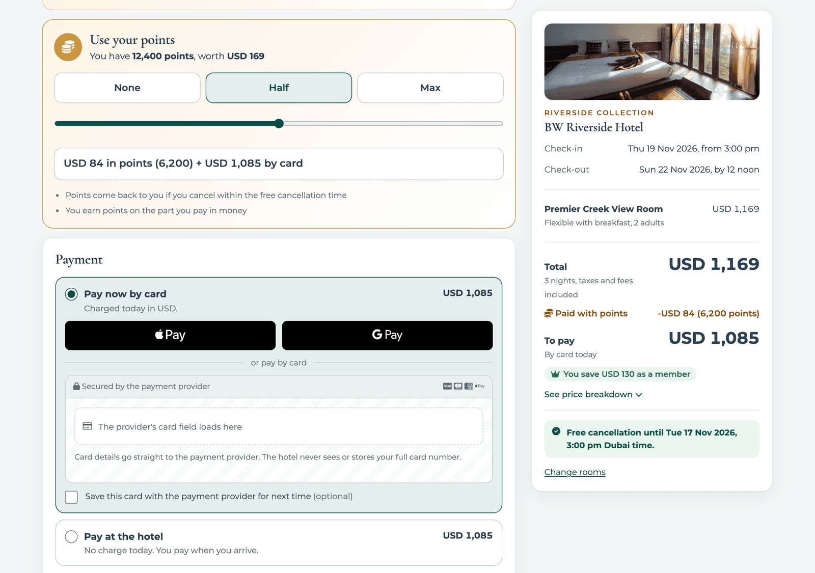 Checkout on the BW Riverside Hotel booking engine for a signed-in member, paying part of the stay with points