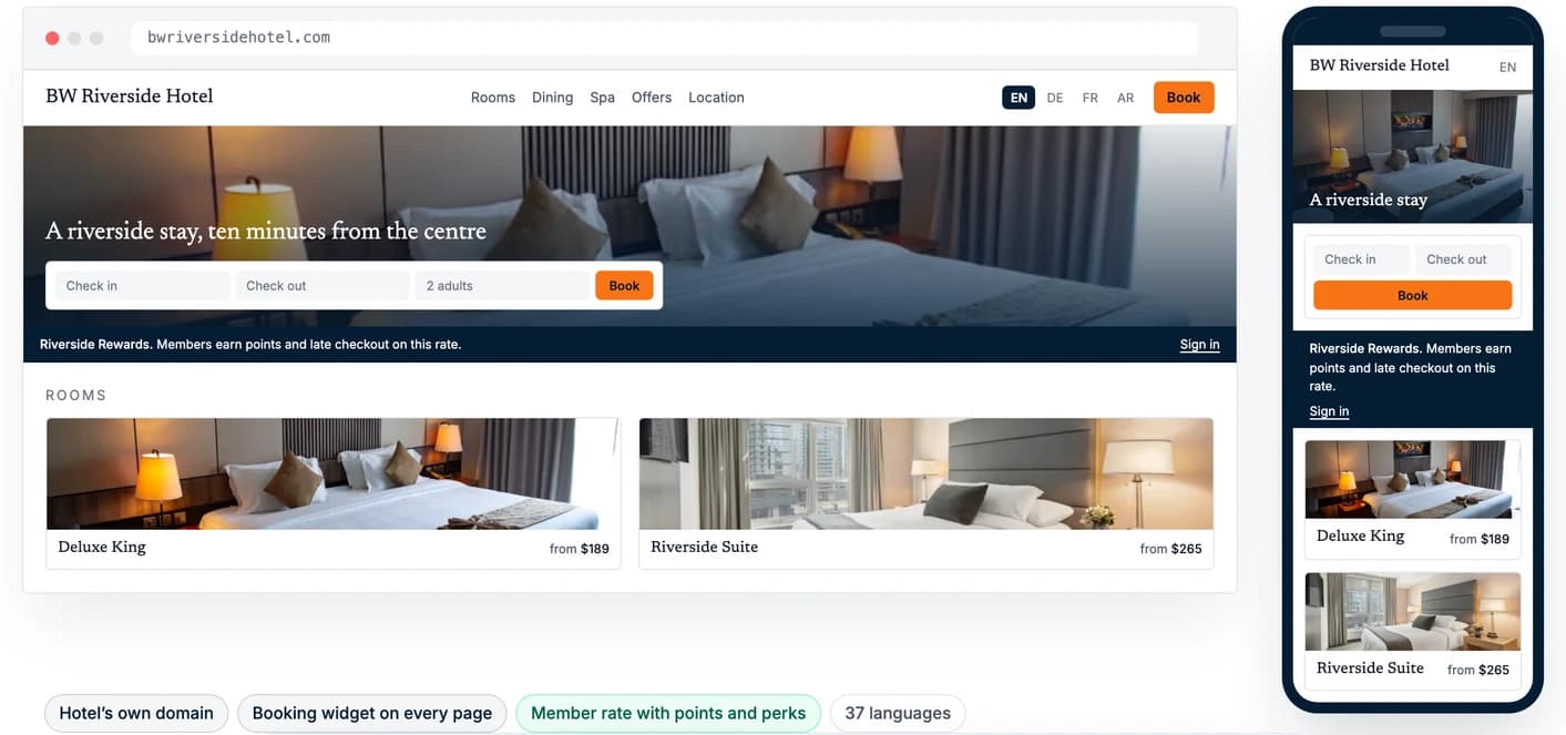 BookingWhizz booking engine on the website and phone of BW Riverside Hotel, a demo hotel, with the hotel's own domain and member strip