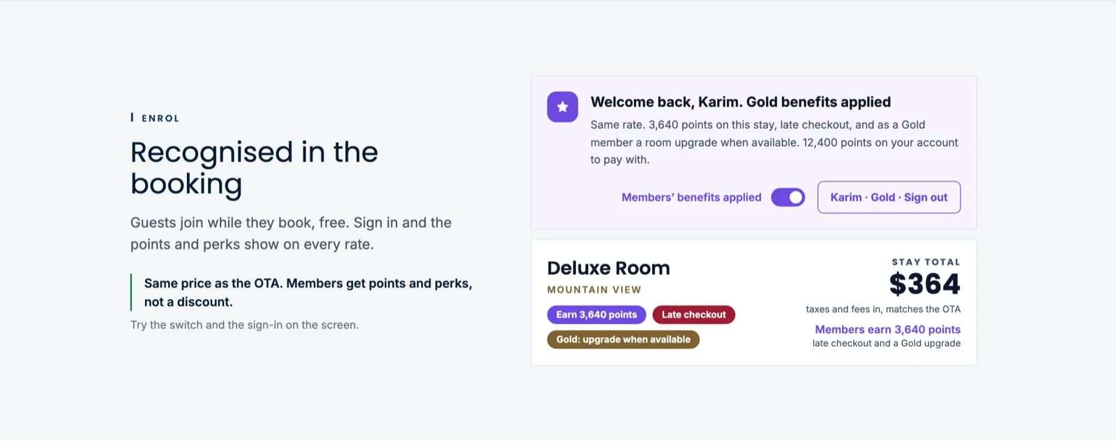 BookingWhizz booking step on a demo hotel recognising a signed-in Gold member, with a matched price, points, late checkout and a room upgrade when available.