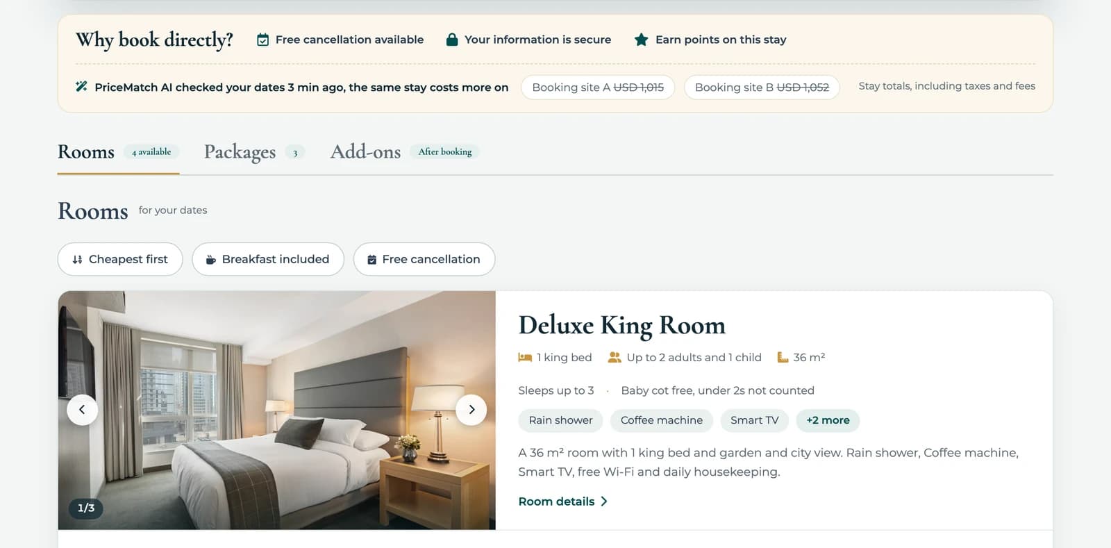 BookingWhizz rooms step on a demo hotel, with a PriceMatch AI line showing the same stay costs more on two booking sites.