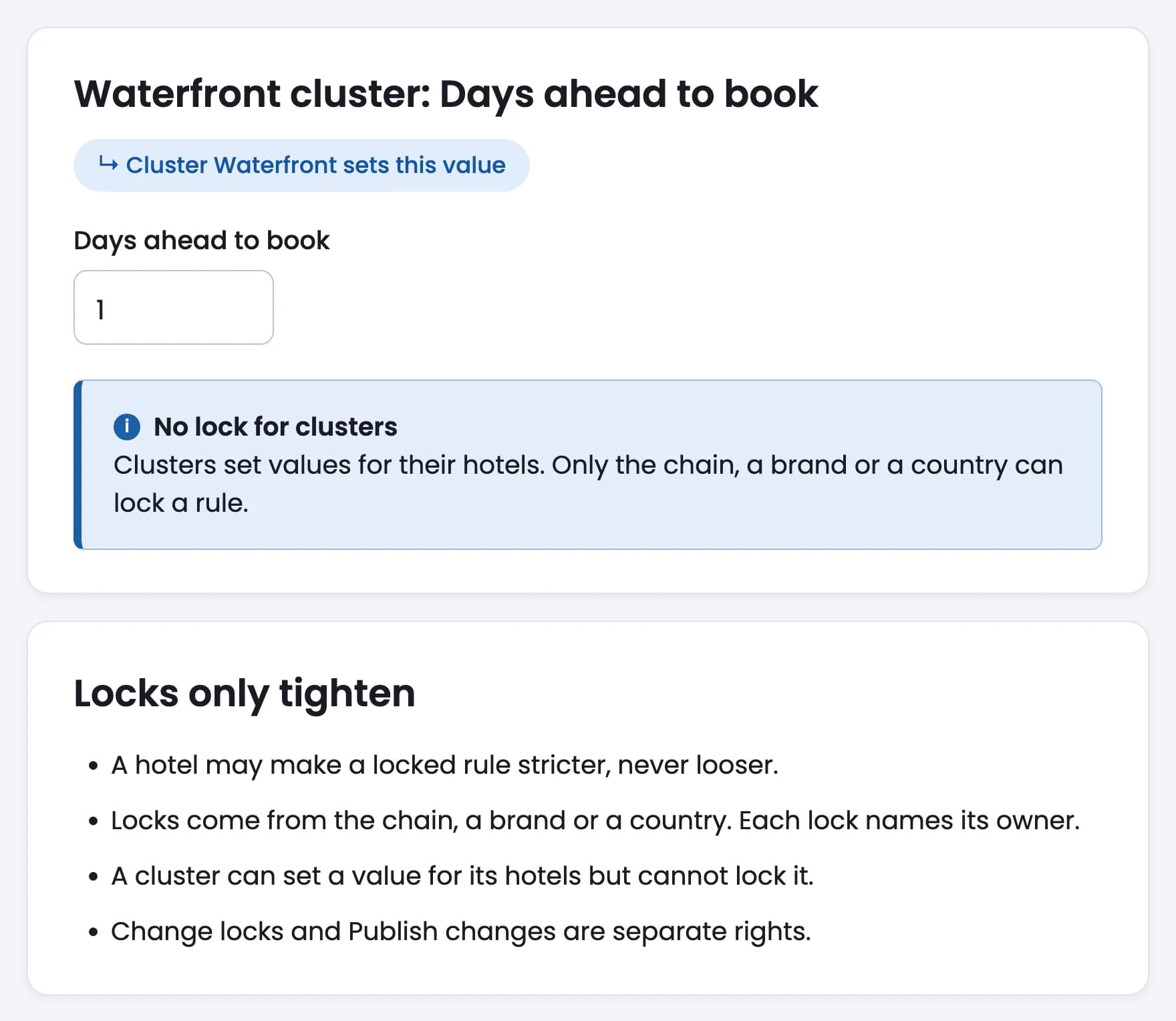 A cluster setting days ahead to book for its hotels, beside the rule that locks only tighten and only the chain, a brand or a country can lock