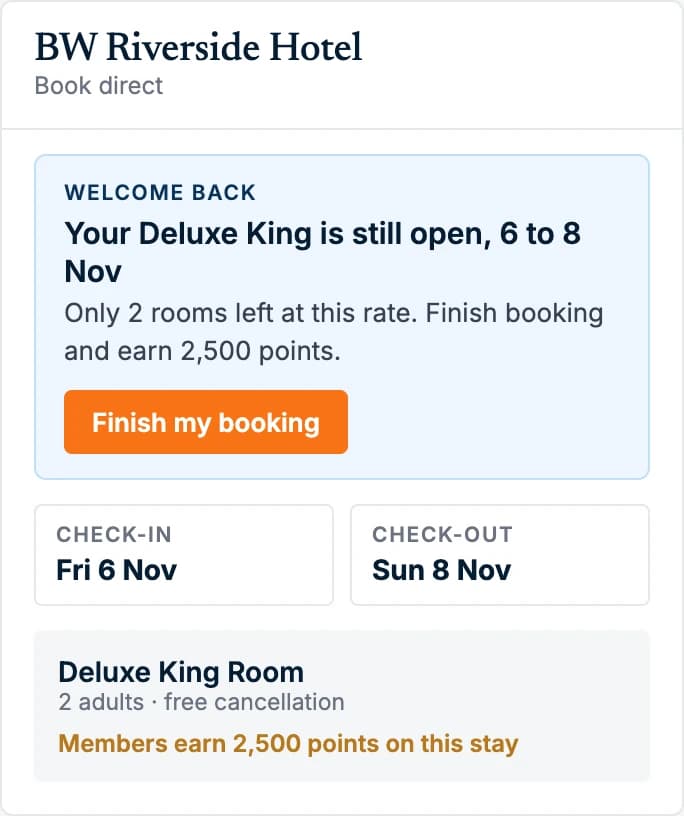 Booking Booster on a phone: Welcome back, your Deluxe King is still open. Finish booking and earn 2,500 points.