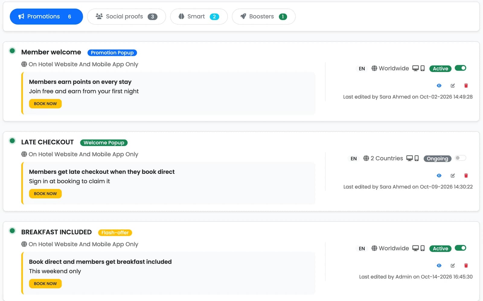 Notifications list in BookingWhizz: Member welcome, Late checkout and Breakfast included, each with its type, markets, devices, status and last edit.