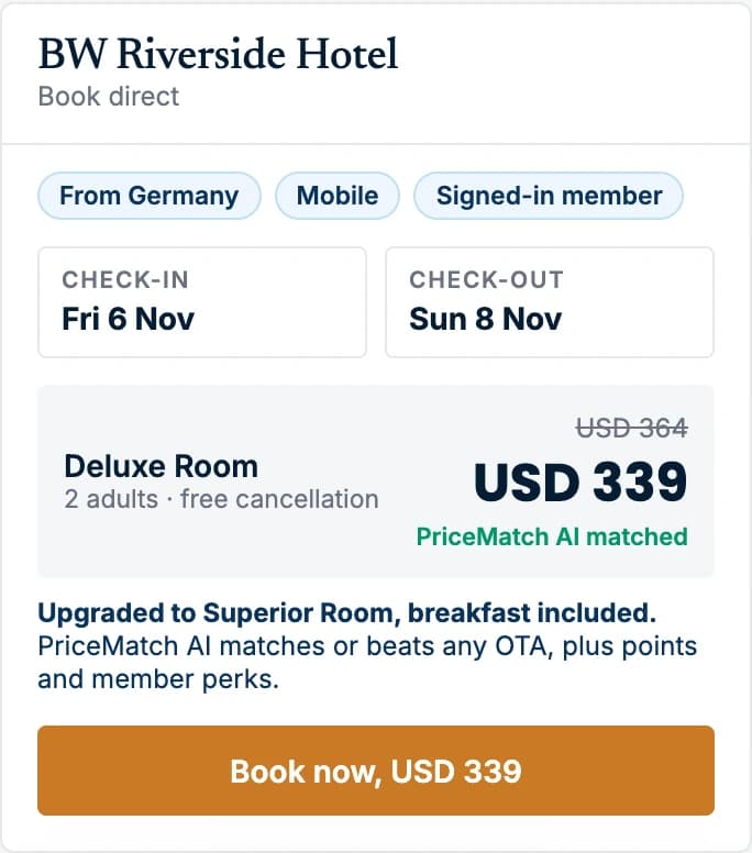 BW Riverside Hotel, a demo hotel: Deluxe Room 6 to 8 Nov, USD 364 struck through and USD 339 marked PriceMatch AI matched, upgraded to a Superior Room with breakfast, Book now USD 339.